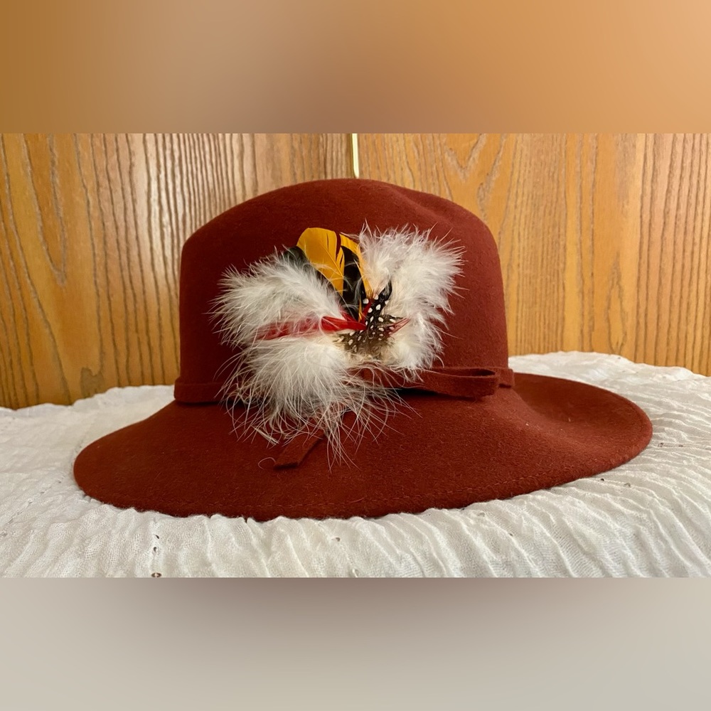 Classic “Shaped Felt” Hat—rare rust color with original feather accent.